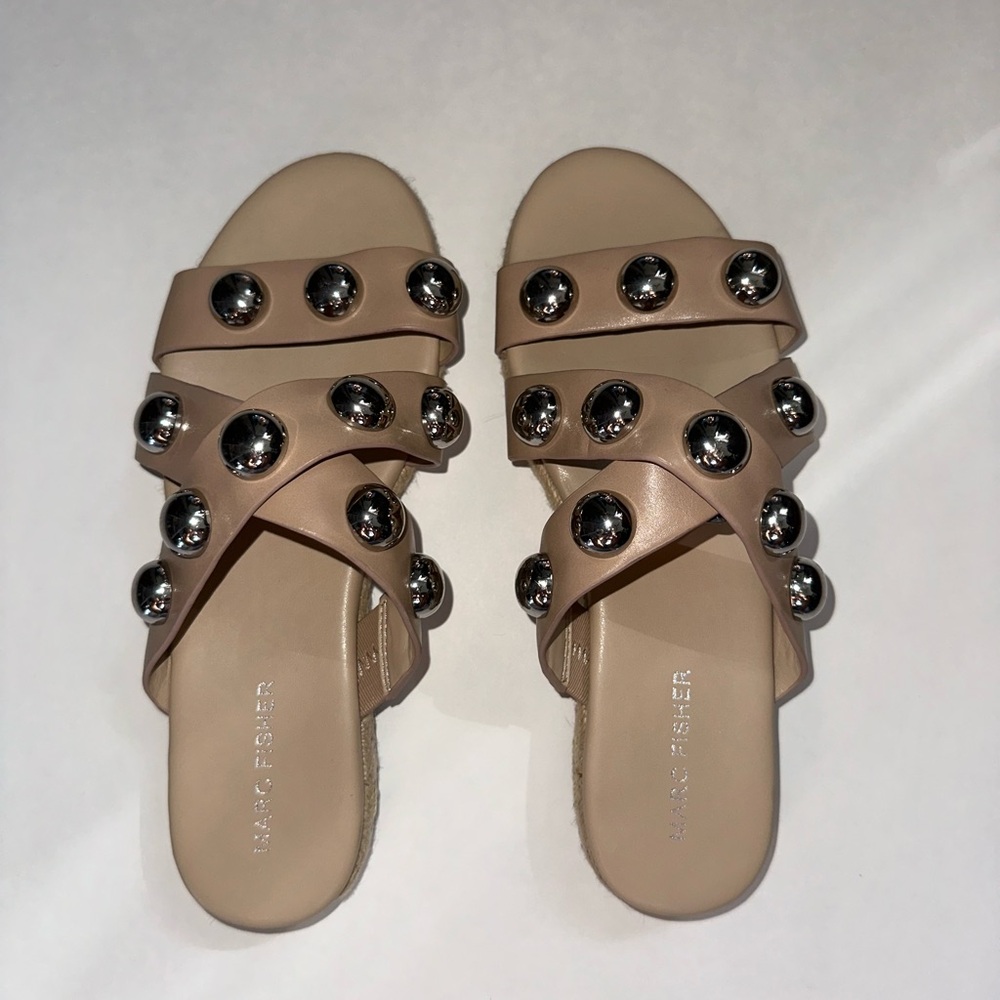 Marc Fisher Prisca Silver Ball Studded Tan Slip On Sandal